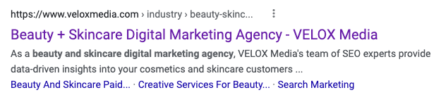Google search results showing URL, title, and meta description for VELOX Media's Beauty and skincare Marketing landing page