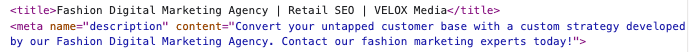 HTML code displaying the title tag and meta description for VELOX Media's Fashion Marketing landing page