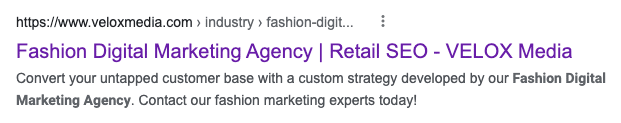 Google search results showing the URL, title, and meta description for VELOX Media's Fashion Marketing landing page